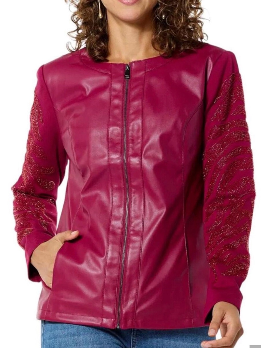 Colleen Lopez Berry beaded mesh sleeve faux Leather Zip-Front Jacket size medium